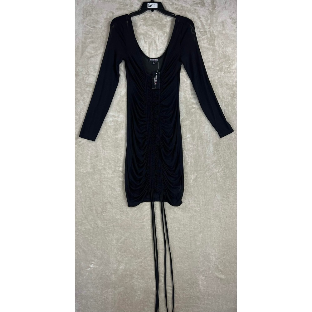 NWT Fashion Nova Black Video Girl Dress Ruched Mesh Mini Long Sleeve LD5245 S